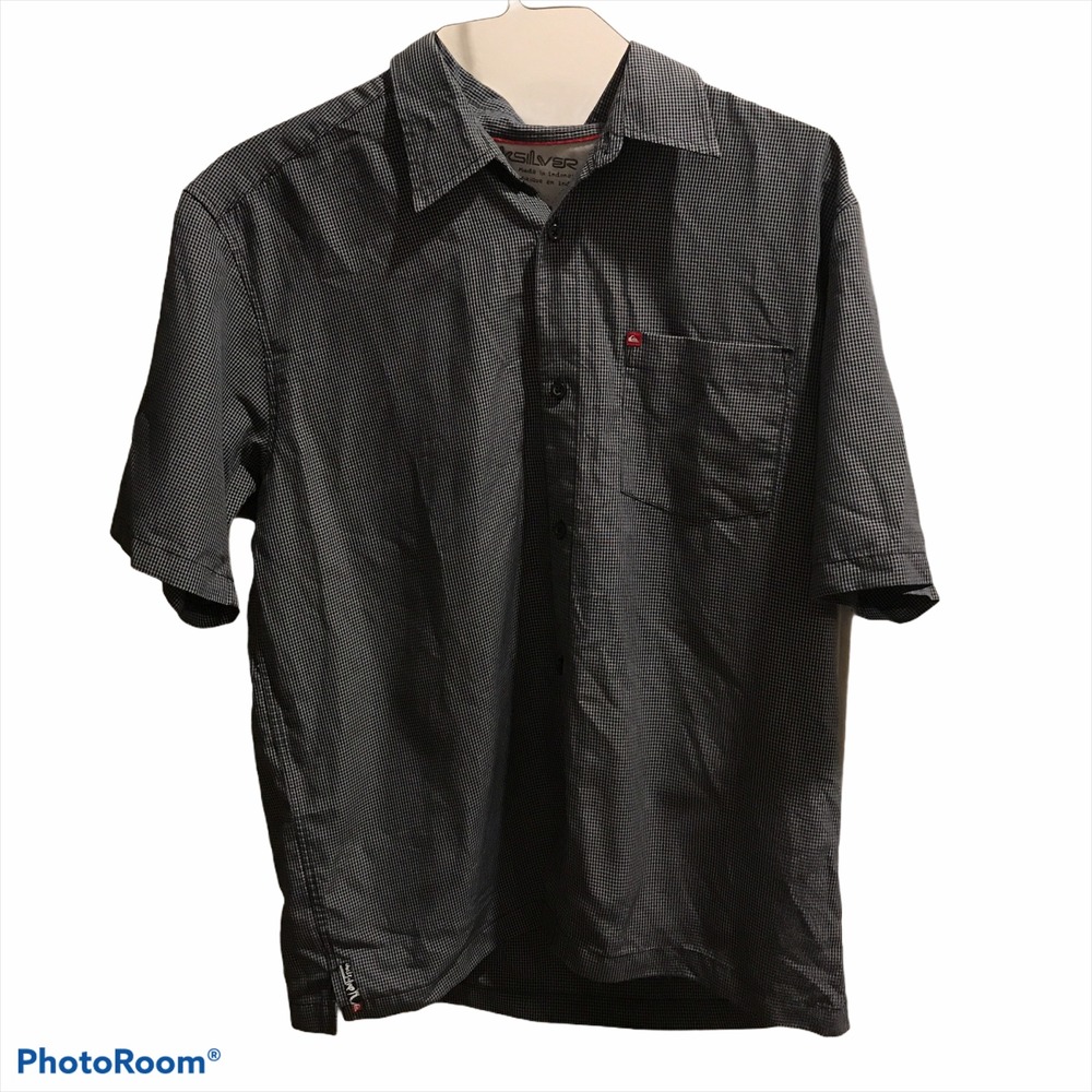 Quiksilver Button Down Shirt Medium Black White Micro Check Short Sleeve